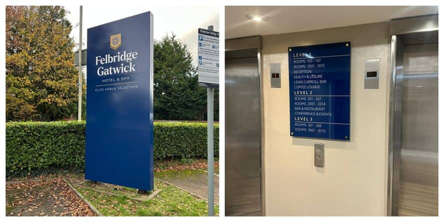 A collage of the interior and exterior Felbridge Gatwick signage.